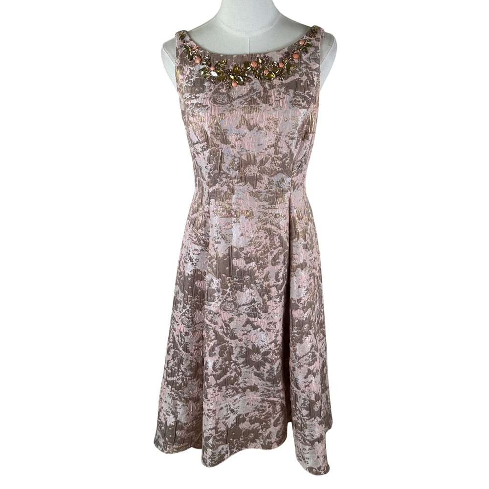 Adrianna Papell Fit and Flare Dress Womens 8 Pink Gold Metallic Floral Cocktail
